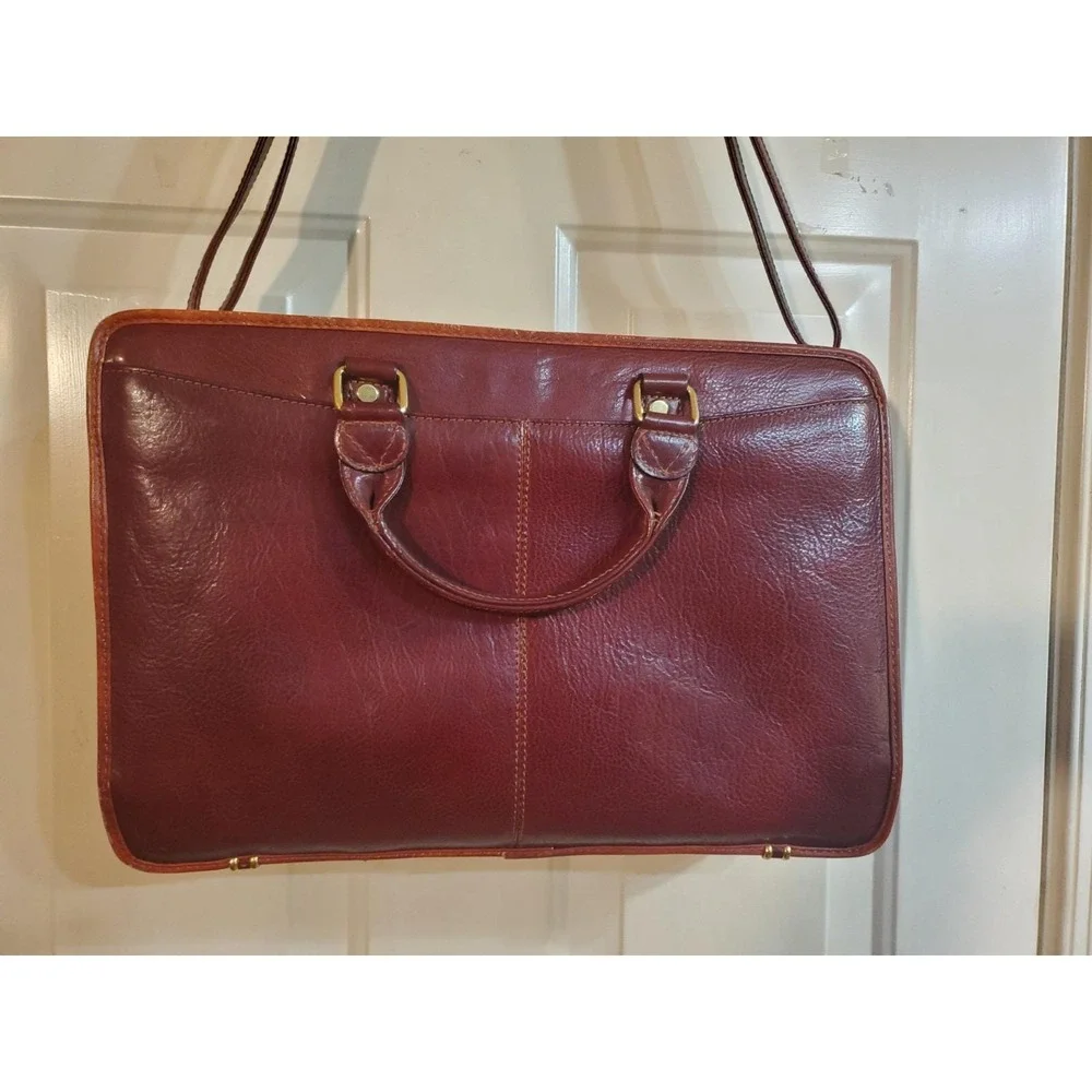 Cognac Brown Leather Briefcase‎ Lap Top Case Dbl Handle Shoulder Strap Vantaggio